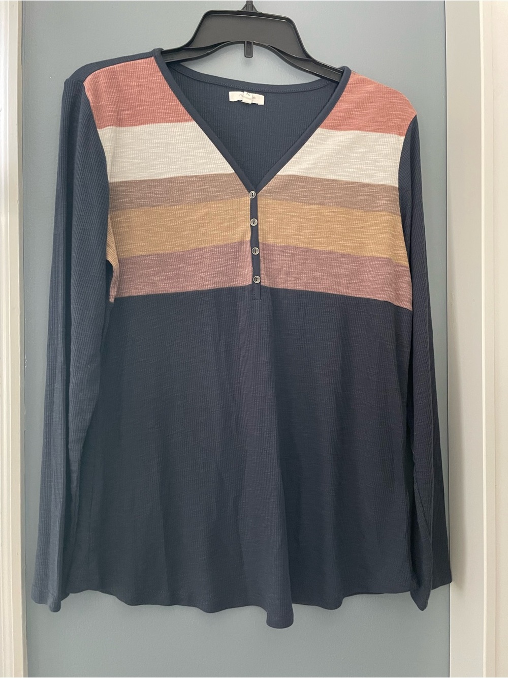 Maurices Navy Long Sleeve Henley Top with Pink, Cream and Tan Stripes